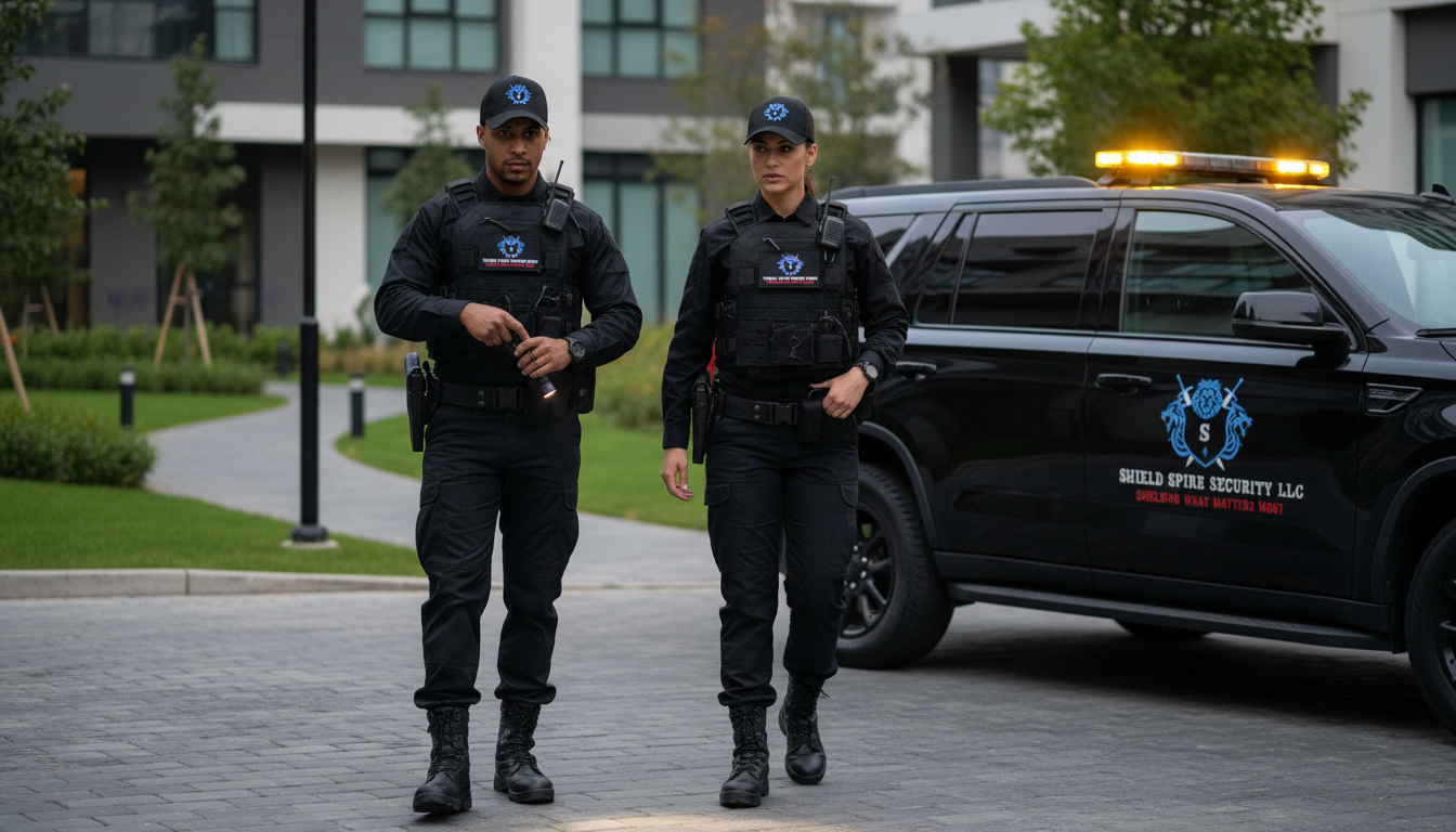 Shield Spire Security mobile patrol officer inside a marked patrol vehicle conducting a professional commercial property security patrol in Texas.