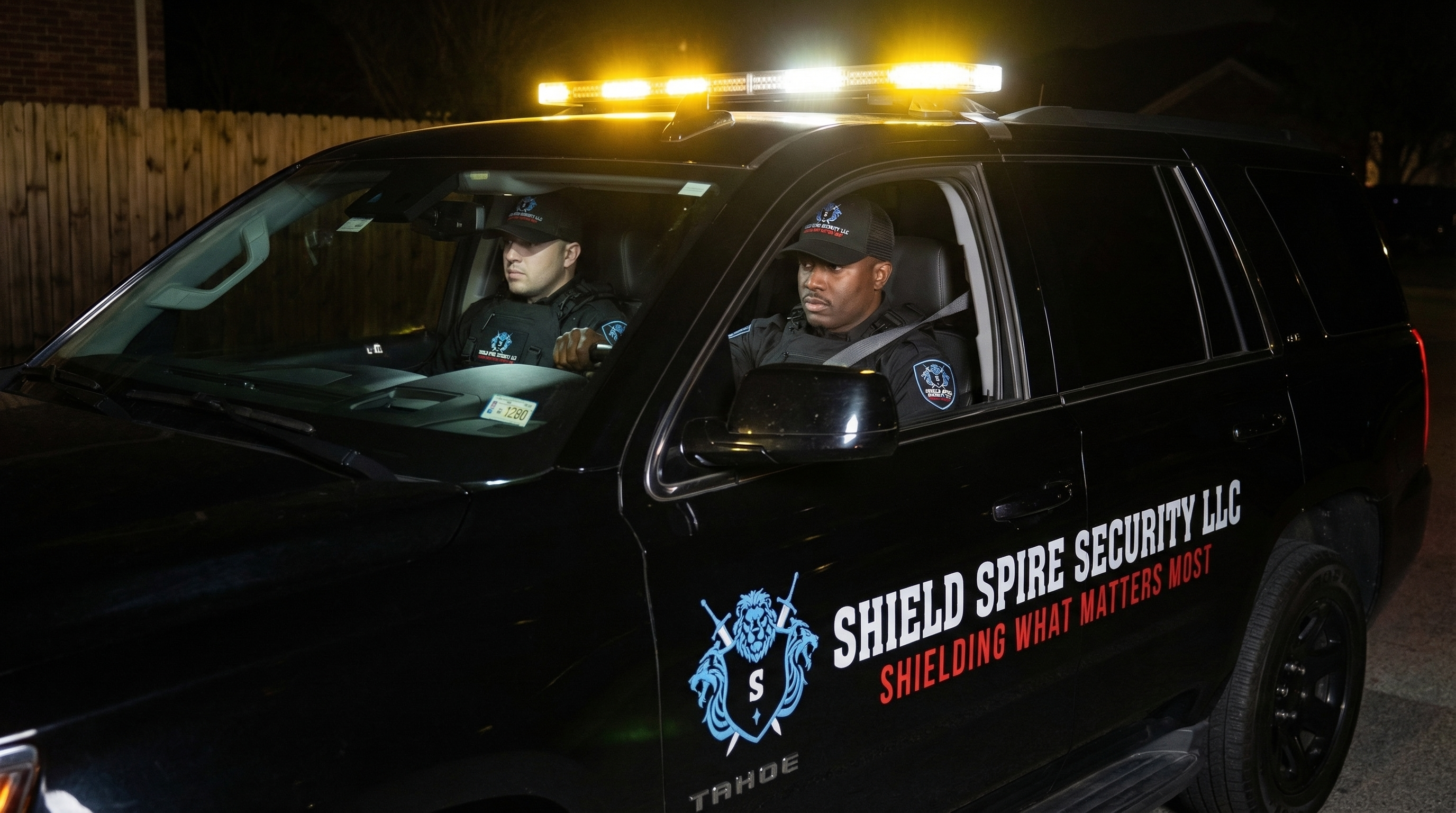 Shield Spire Security mobile patrol officer conducting a commercial property perimeter inspection during a scheduled security patrol in Texas.
