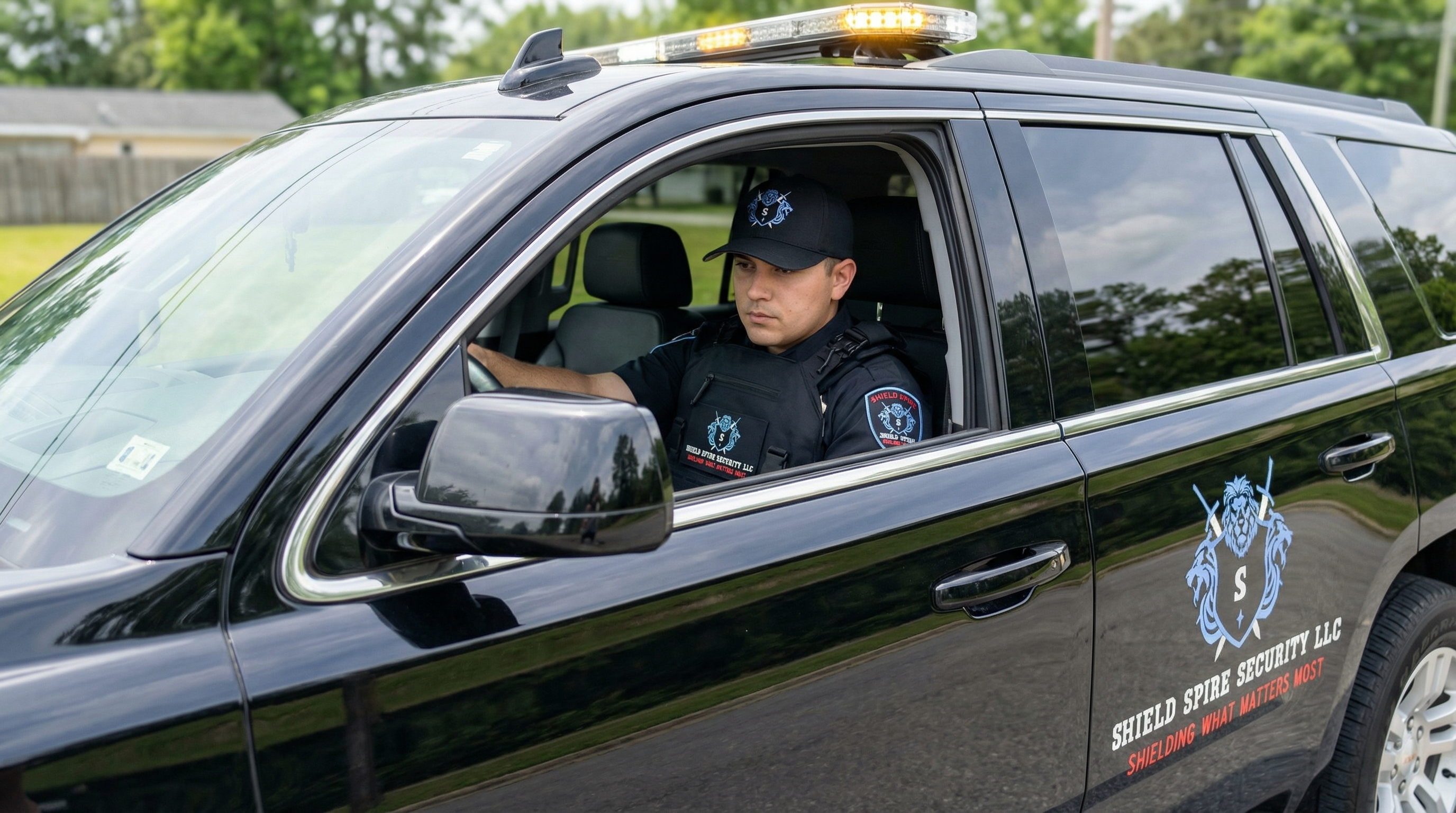 Shield Spire Security mobile patrol vehicle conducting construction site security inspections