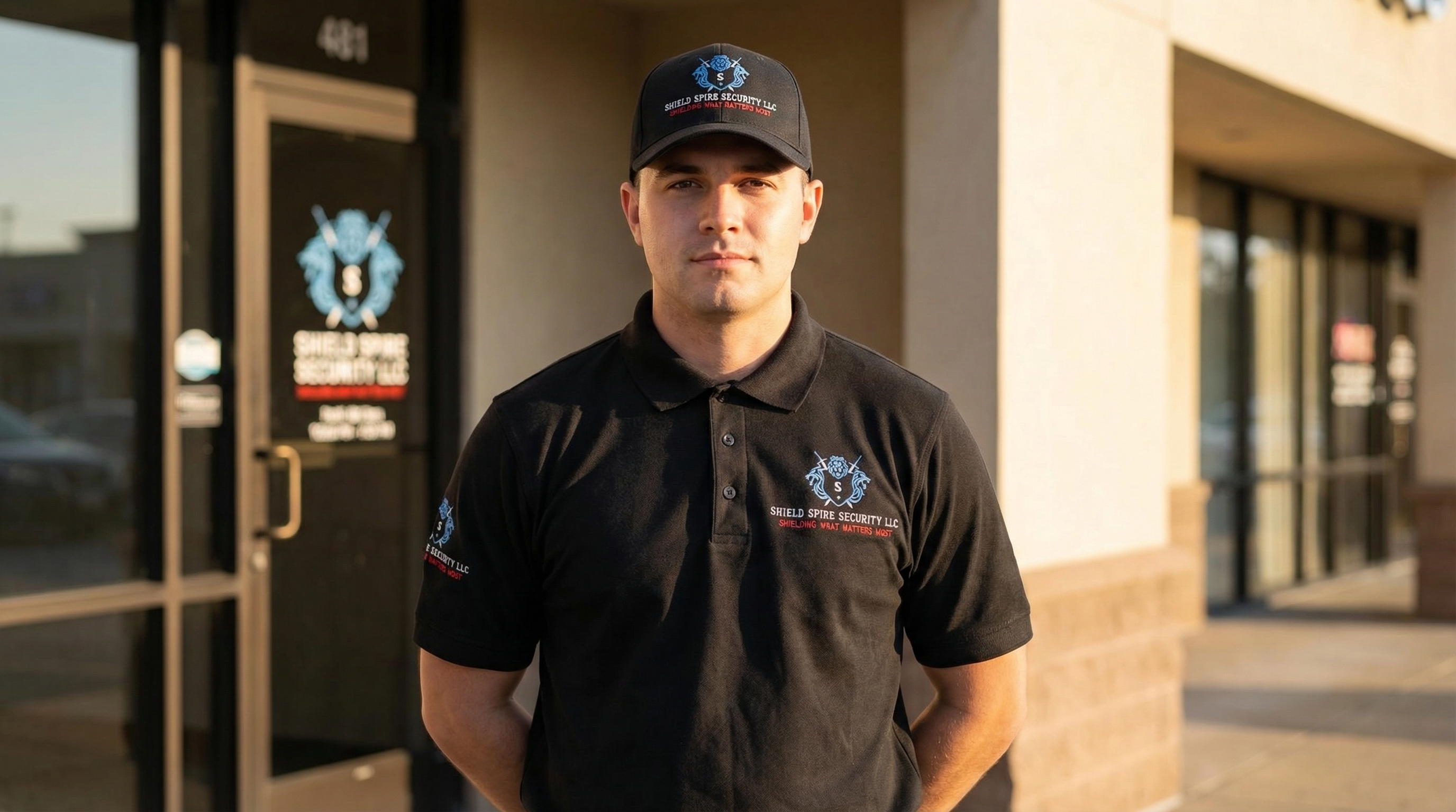 Licensed Texas security officer standing outside commercial property