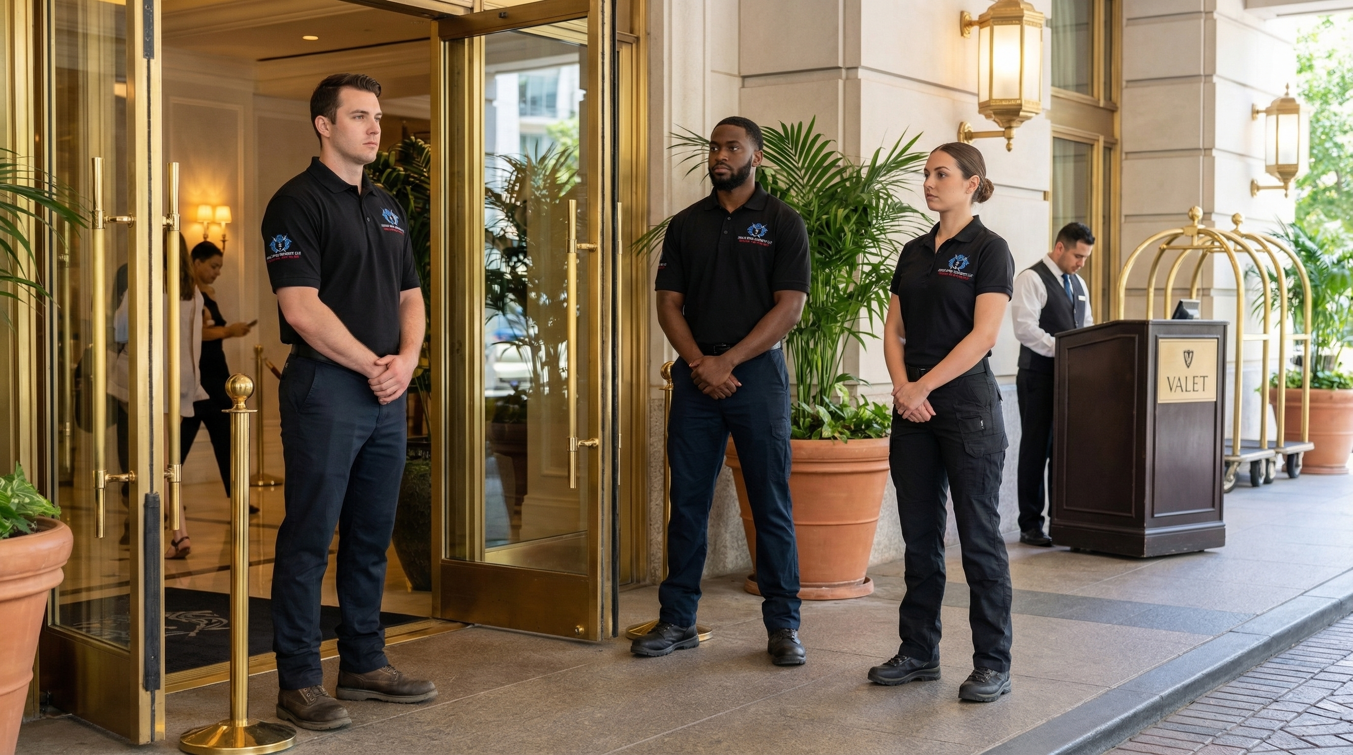 Shield Spire Security unarmed security officer providing professional access control and visitor assistance at a Texas commercial property.
