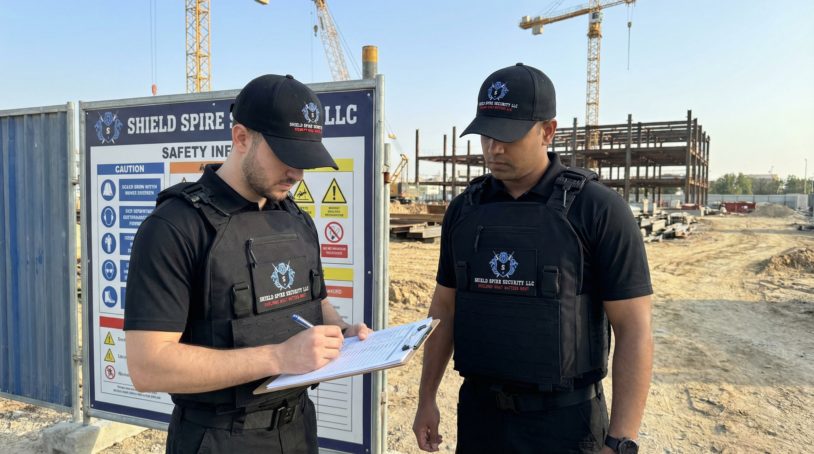 Shield Spire Security officer using a tablet to verify contractor credentials at the entrance of a secured industrial facility in Texas.