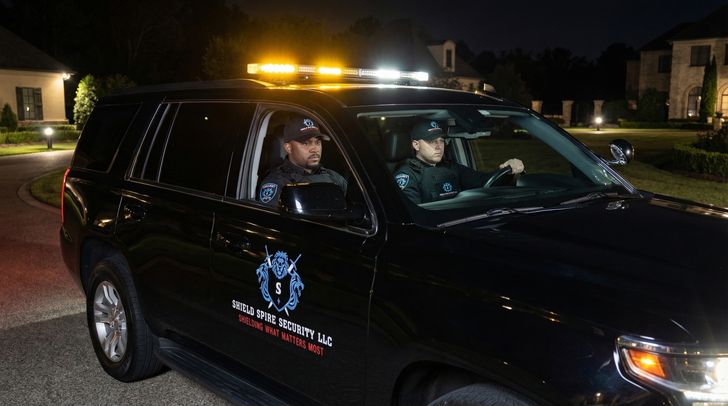 Shield Spire Security licensed security personnel in company patrol vehicle supporting executive protection and escort service operations in Texas.