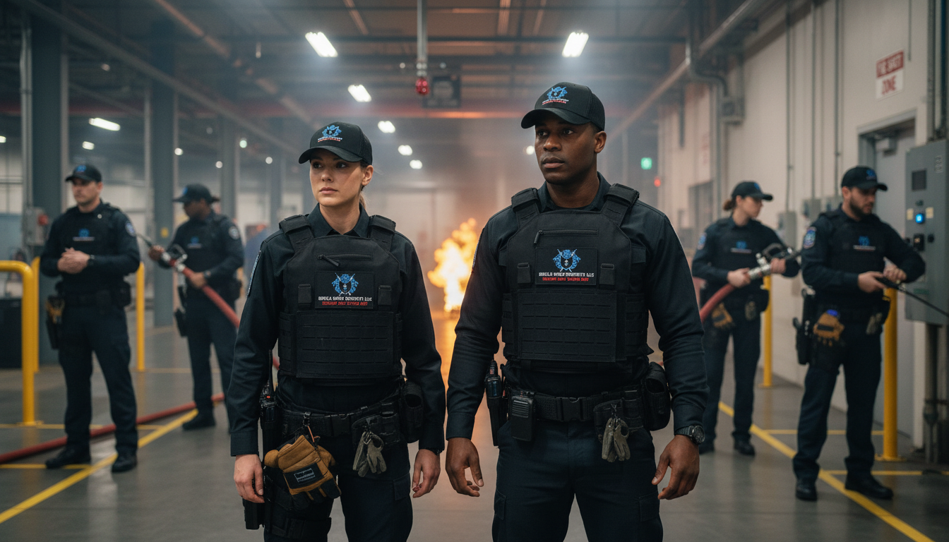 Shield Spire Security fire watch officers conducting a professional fire watch patrol inside a commercial facility in Texas during a temporary fire alarm or sprinkler system outage.