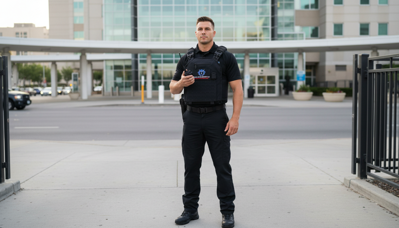 Security officer conducting commercial property security patrol in Texas