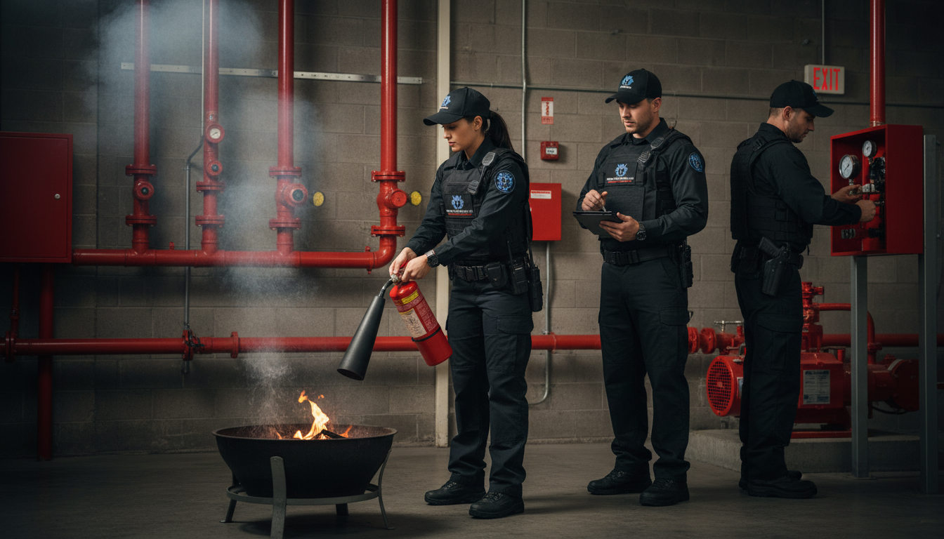 Shield Spire Security fire watch officers inspecting fire safety equipment and monitoring potential fire hazards inside a commercial facility in Texas.