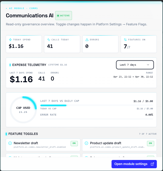 Communications AI gives platform owners a centralized layer for managing intelligent reporting, automated drafting, and system-wide communication workflows.